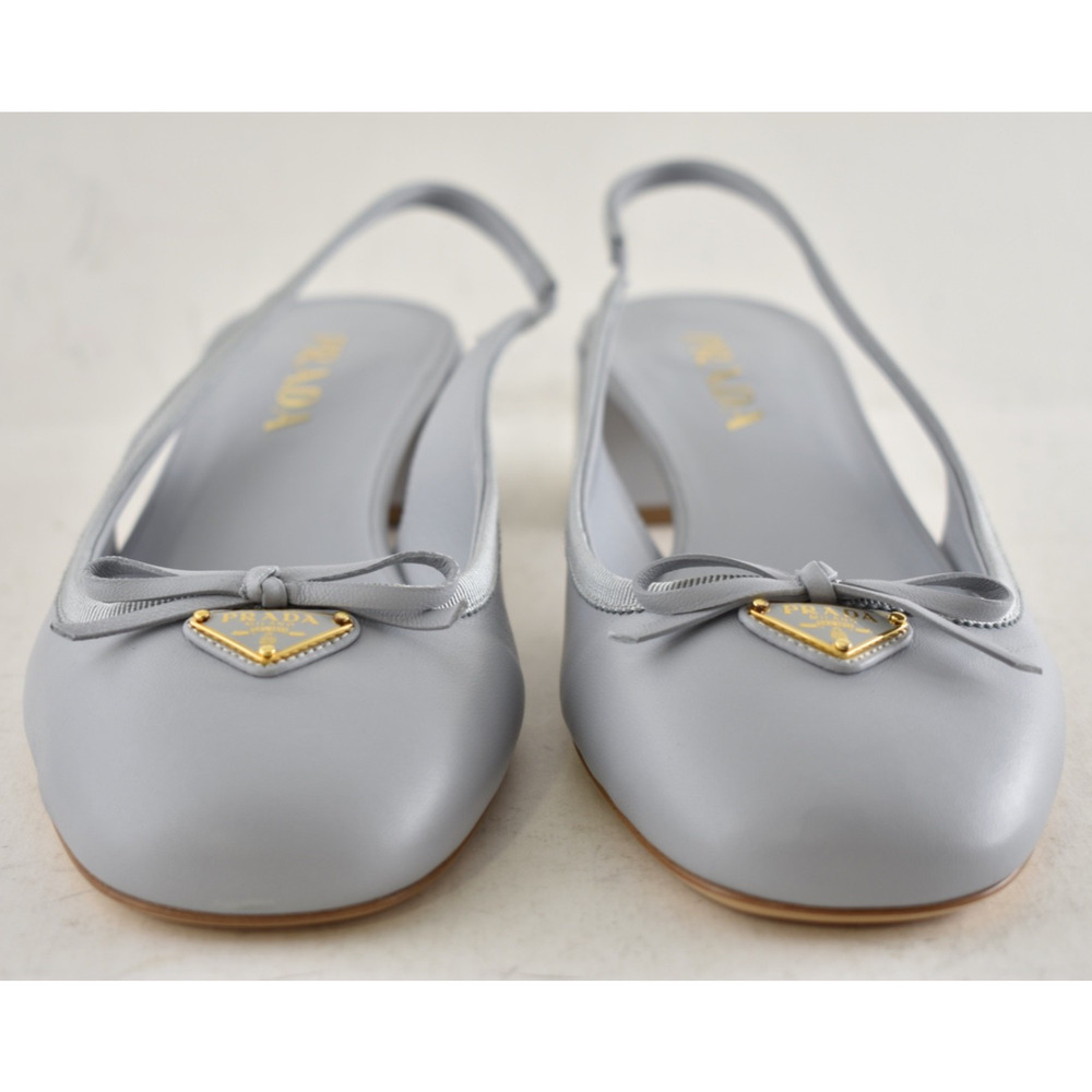 Prada Grey Blue Triangle Logo Bow Ballerina Mule Block Heel Slingback Pump 39.5 - Picture 9 of 15